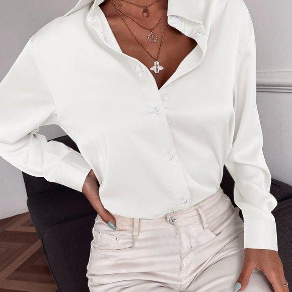 White Preppy Womens Button Up Solid Shirt - Picture 4 of 5